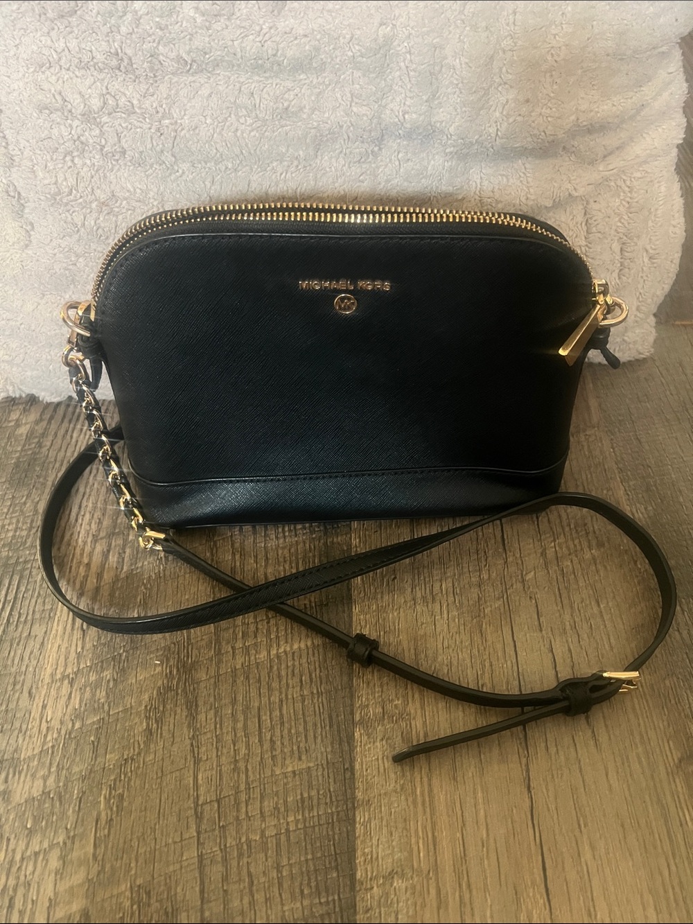 Michael Kors Black Leather Dome Crossbody with Gold Hardware